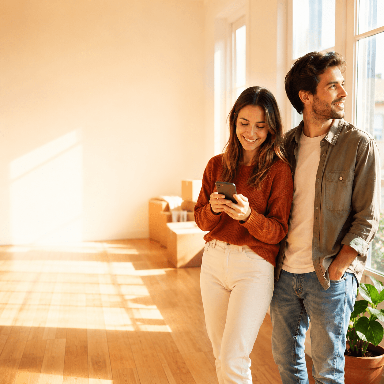 Un couple consulte une annonce sur son téléphone dans son nouveau logement lumineux